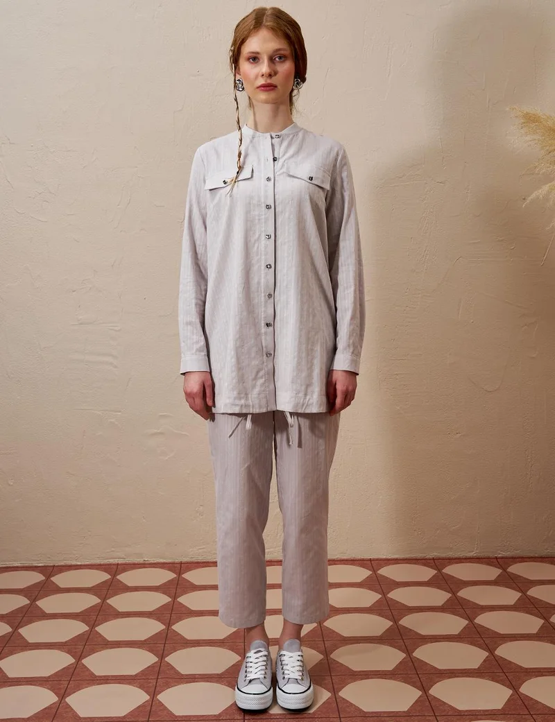 Kayra Cotton Double-Bow Pocketed Two-Piece Suit Light Gray