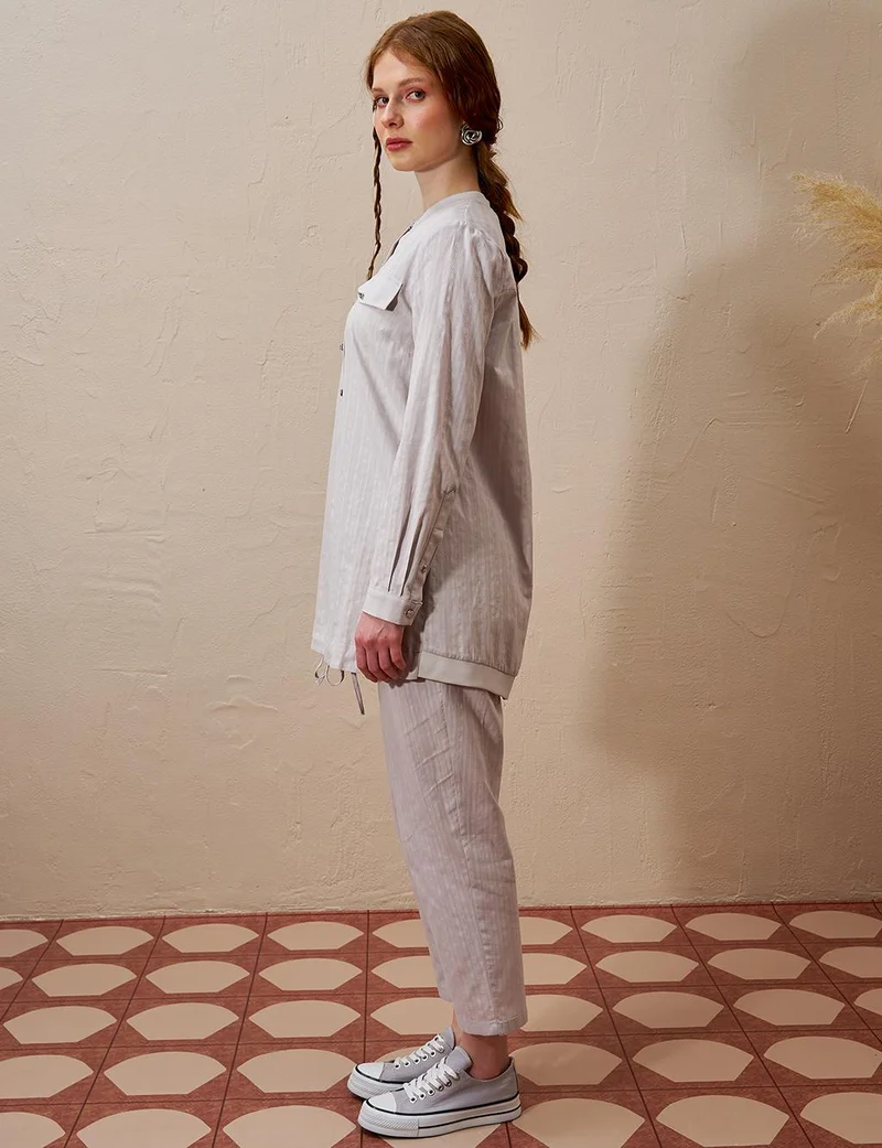 Kayra Cotton Double-Bow Pocketed Two-Piece Suit Light Gray