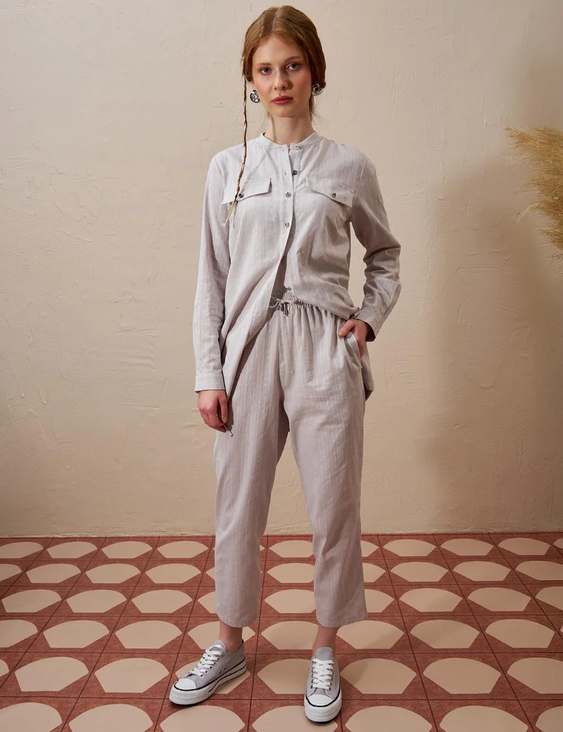 Kayra Cotton Double-Bow Pocketed Two-Piece Suit Light Gray