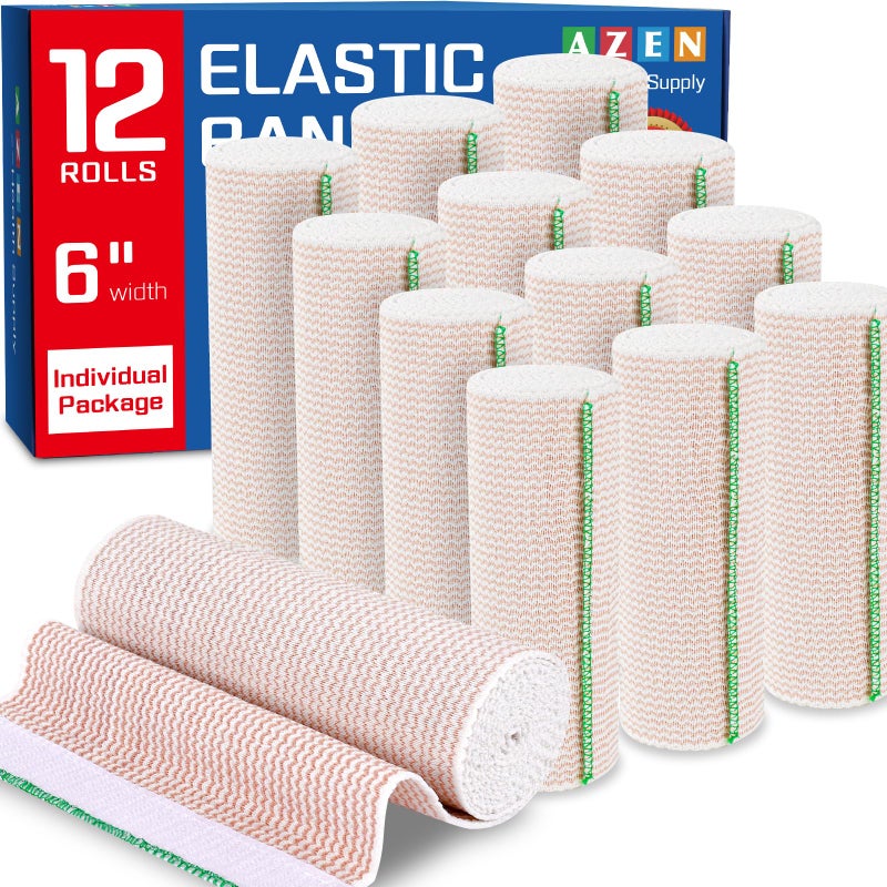AZEN Premium 12 Pack Elastic Bandage Wrap 6 Inch Compression Wrap Bandage for Legs Ankle Knee Tummy Body LatexFree Lymphedema Wraps for Legs