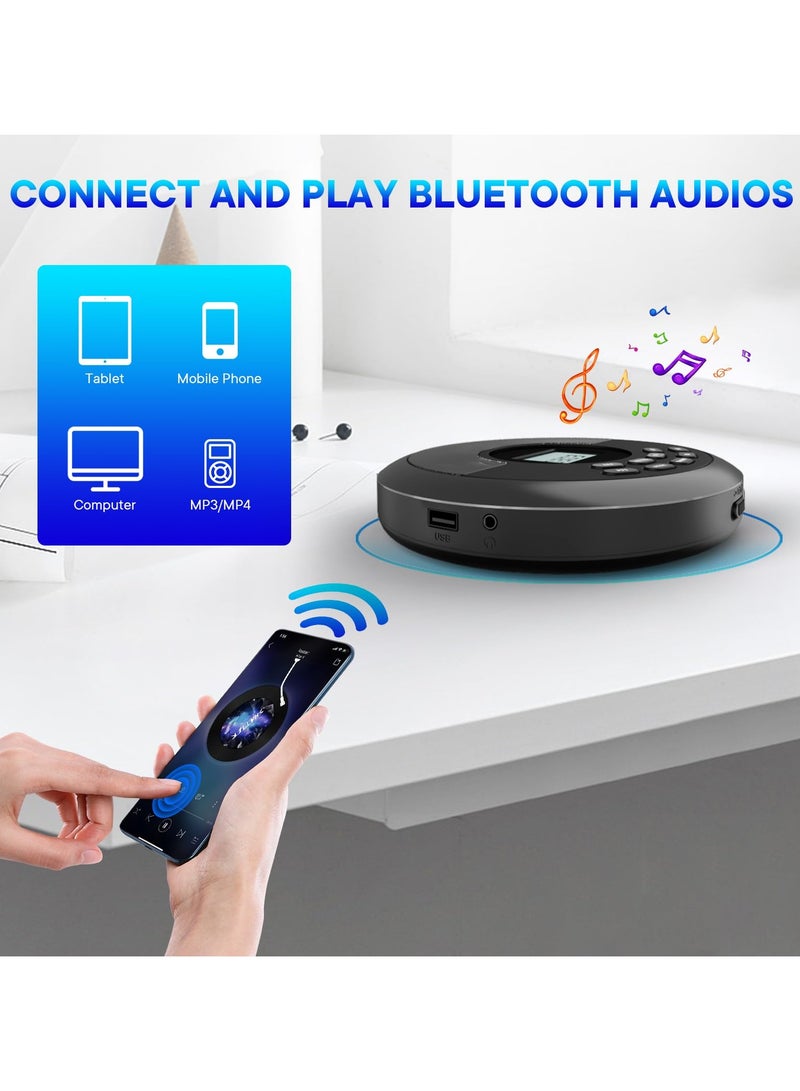 Portable CD Player Bluetooth:Rechargeable Walkman CD Player with Speakers and Headphones,Small CD Player for Car Plug in with Anti-Skip Protection,CD/USB/BT playable,Bluetooth transmitting