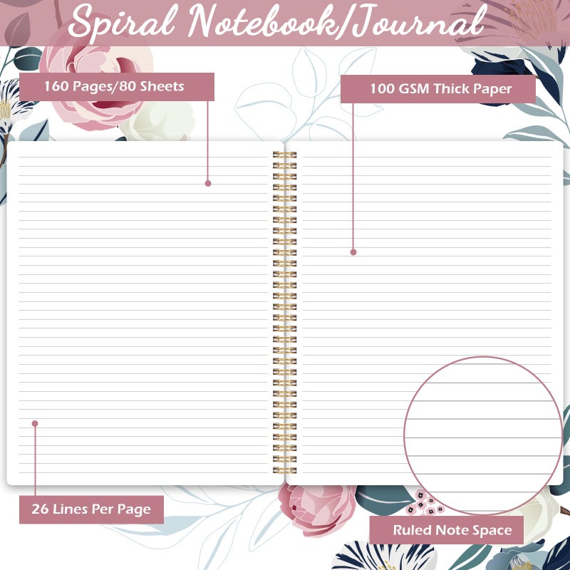 Shoparr Spiral Notebook - Notebooks Spiral Bound, 8.5" * 11", Journal Notebook with Thick Paper & Back Pocket, 110 Pages, with Twin-Wire Binding, Journals for Women, College Ruled Notebooks - Floral - Image 3