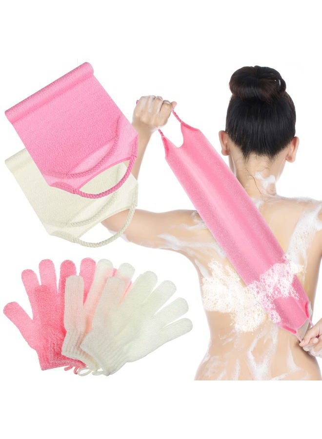Breling 4 Pack Exfoliating Washcloth Back Scrubber Set, 2 Exfoliating Body Scrubber Nylon Back Body Scrub Towel, 2 Pairs Shower Gloves for Women Men Bath Shower Exfoliation(Pink, Beige) - Image 1