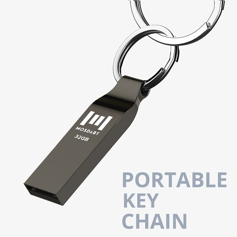 MOSDART فلاش درايف USB2.0 مقاوم للماء بسعة 32GB، ذاكرة معدنية بتنسيق FAT32 مع سلسلة مفاتيح، للنسخ الاحتياطي للنظام، تخزين البيانات، رمادي تيتان - Image 2