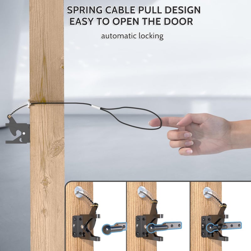 JZVXX Gate Latch with Spring Cable Pull for Fence Gate - Carbon Steel - Black,Self Locking Fence Gate Latch,Gate Latch for Wooden Fence,Fence Door Latch - Image 2