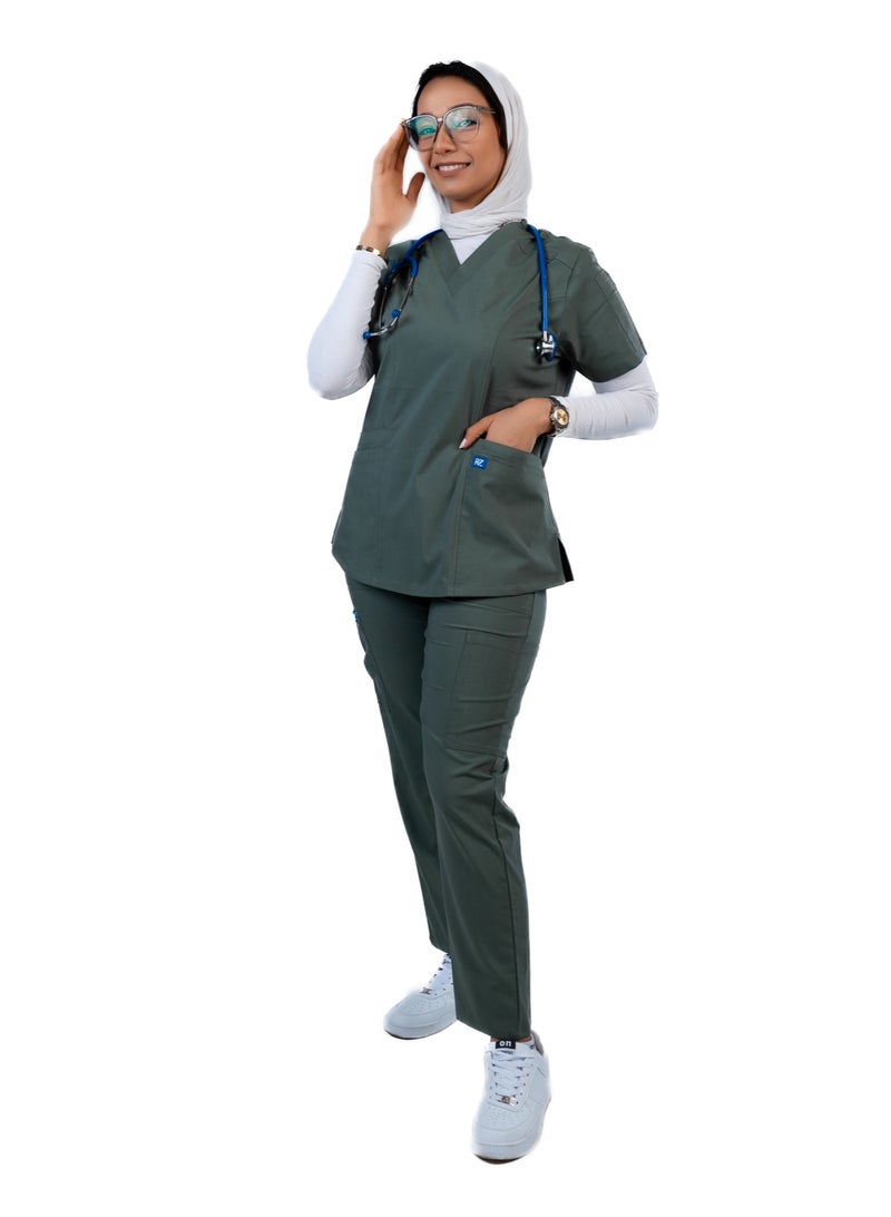 RZ Scrub Comfortable Lycra olive color  fabric with many pockets is meticulously crafted to retain its color without fading with repeated washing  - Image 1