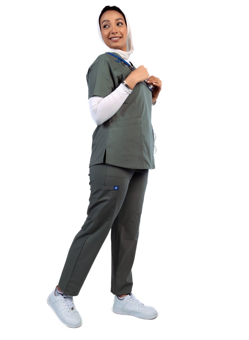 RZ Scrub Comfortable Lycra olive color  fabric with many pockets is meticulously crafted to retain its color without fading with repeated washing  - Image 4