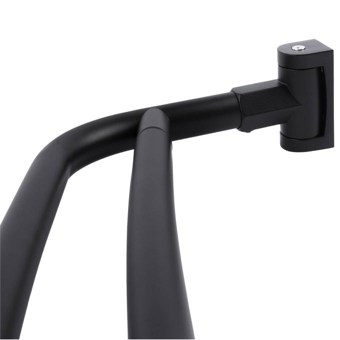 DOUBLE CURVED SHOWER ROD METAL CONSTRUCTION ADJUSTABLE BETWEEN 44 TO 70 INCHES ALUMINUM RODS AND ZINC MOUNTING HARDWARE QUALITY MODERN BATHWARE BLACK FINISH