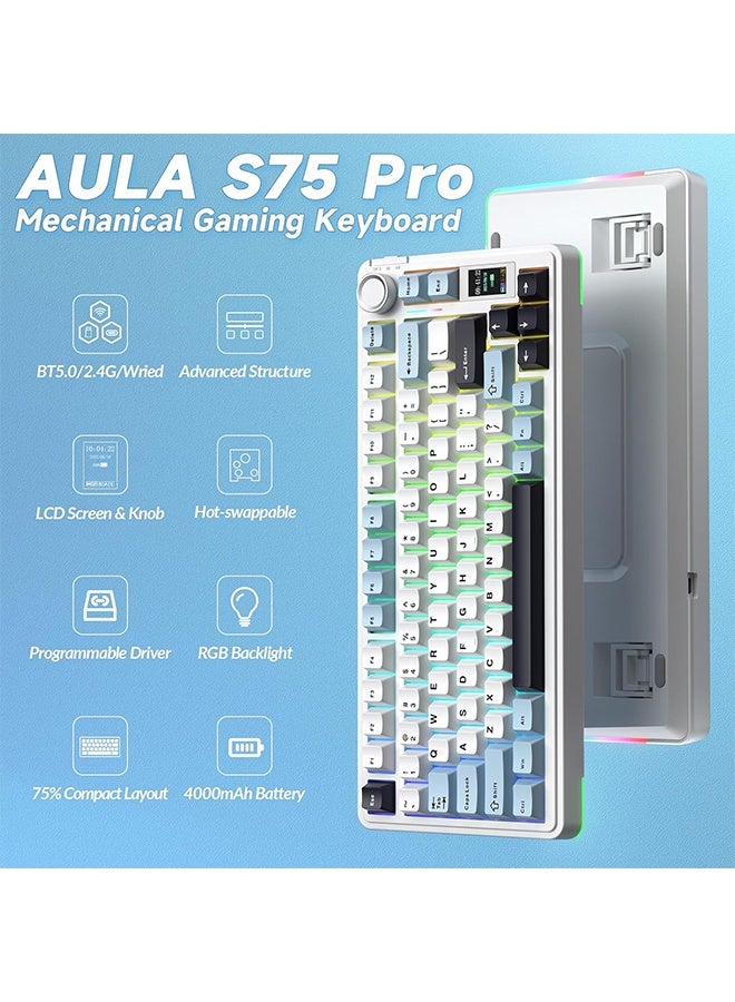 AULA S75 PRO Wireless Mechanical Keyboard with Screen&Knob, 75% Hot Swappable Gaming Keyboard with Pre-lubed Switches, RGB Backlit, PBT Keycaps Creamy Sounding Pc Gaming Keyboards - Image 3