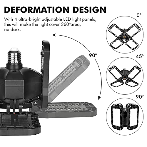 Tudoccy LED Garage Light 4 Pack, 120W Ultra Bright LED Shop Light with 4 Adjustable Panels, 12000LM E26/E27 Base Deformable Ceiling Fixtures for Garage, Workshop, Attic, Basement, Barn (Black-4 Pack) - Image 3