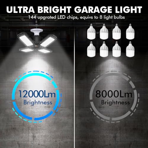 Tudoccy LED Garage Light 4 Pack, 120W Ultra Bright LED Shop Light with 4 Adjustable Panels, 12000LM E26/E27 Base Deformable Ceiling Fixtures for Garage, Workshop, Attic, Basement, Barn (Black-4 Pack) - Image 5