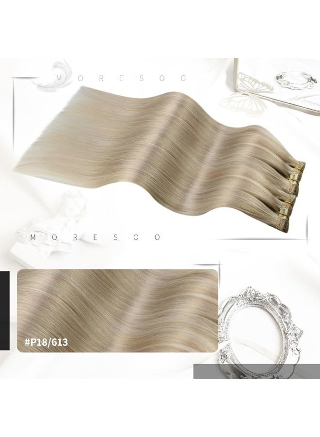 Moresoo إضافات شعر قابلة للتثبيت من ريمي مزدوجة الخيوط شعر إنسان إضافات شعر مستقيم للنساء أشقر رمادي مع أشقر 12 بوصة 5 قطع 80 جرام - Image 2