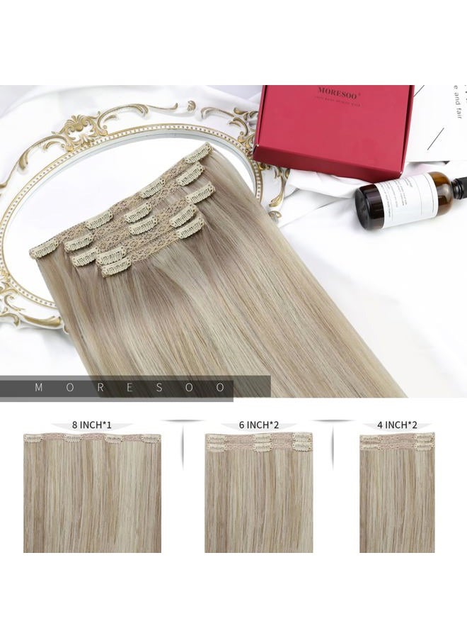 Moresoo إضافات شعر قابلة للتثبيت من ريمي مزدوجة الخيوط شعر إنسان إضافات شعر مستقيم للنساء أشقر رمادي مع أشقر 12 بوصة 5 قطع 80 جرام - Image 3