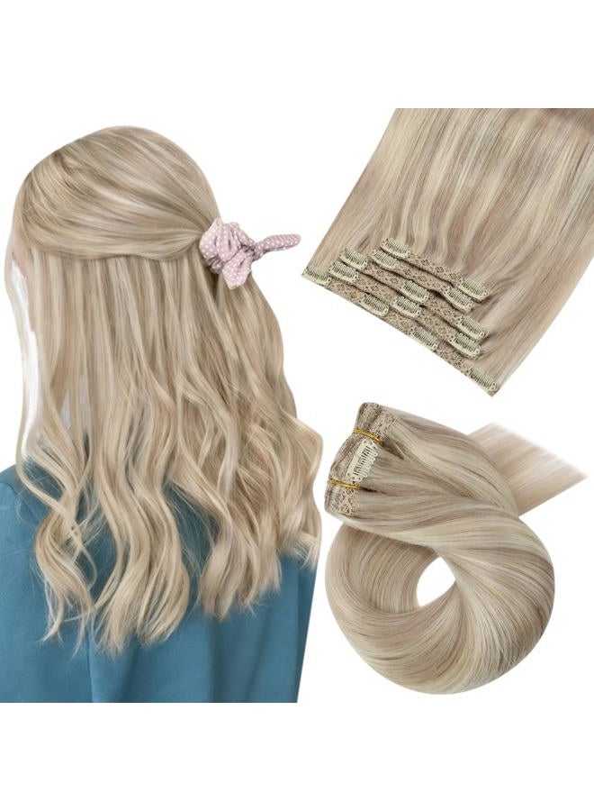 Moresoo إضافات شعر قابلة للتثبيت من ريمي مزدوجة الخيوط شعر إنسان إضافات شعر مستقيم للنساء أشقر رمادي مع أشقر 12 بوصة 5 قطع 80 جرام - Image 1