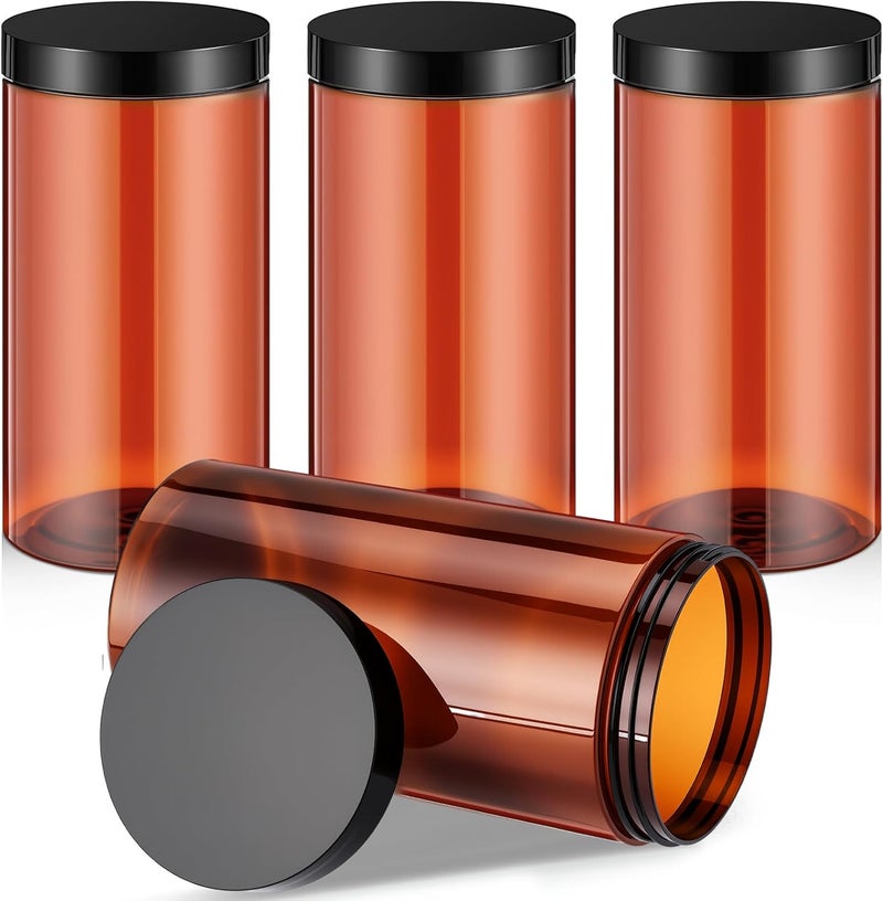 Patelai 4 Pieces Round Wide-mouth Leak Proof Plastic Container Jars with Lids for Travel Storage Makeup Beauty Products Face Creams Oils Salves Ointments DIY Making(32 Ounce,Amber) - Image 1