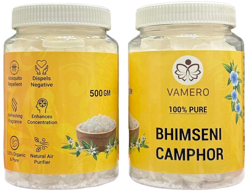 VAMERO Bhimseni Camphor Kapoor 1 KG (500g X 2 Jars) | 100% Pure, Organic and Original Kapur | Purifying & Pleasant Fragrance for Pooja, Hawan, Air Freshener, Meditation, 1 KG - Image 1