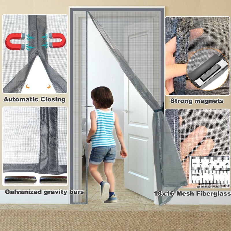 Risareyi Magnetic Mosquito Net in Fiberglass 120x250 cm, Fine Net, Side Opening Curtain Magnetic Mosquito Nets for Doors Windows for Balcony Automatic Closing, Mosquito Net with Magnet, Grey - Image 4