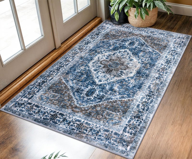 KOZYFLY Boho Area Rug 3x5 Ft Rugs for Entryway Washable Entry Rug Non Slip Door Mat Indoor Entrance Blue Printed Faux Wool Vintage Kitchen Rug Throw Rugs for Entrance Kitchen Living Room
