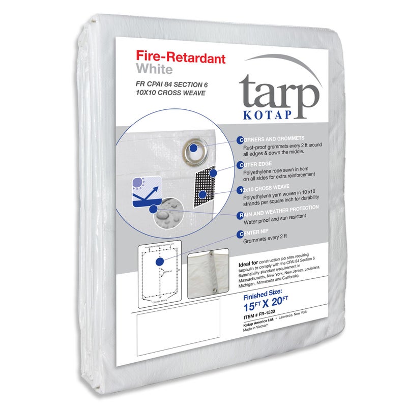 Kotap 15 x 20 Ft FireRetardant Tarp for Construction Job Sites Requiring Tarpaulin White FR1520