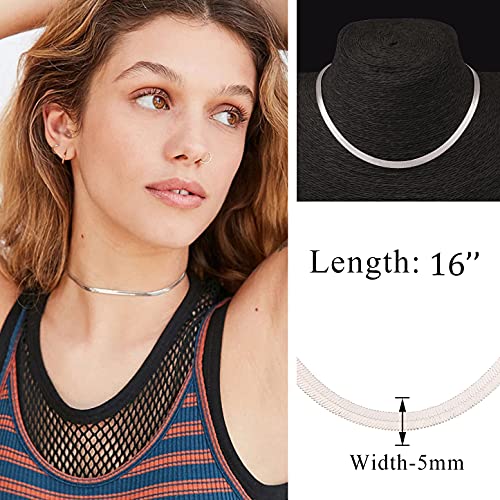 NUZON Silver Chain Choker Necklace for Women Simple Delicate 5mm Flat Snake Chain Flexible Herringbone Necklace Jewelry 16'' - Image 4