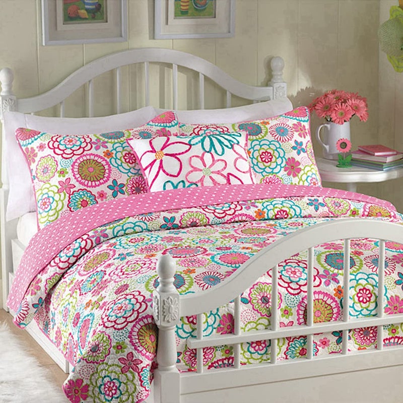 Cozy Line Home Fashions Cozy Line Home Fashions Pink Mariah Queen  4 Piece Floral Polka Dot Reversible Quilt Bedding Set Coverlet Bedspreads for Girls 1 Quilt  2 Shams  1 Decorative Pillow