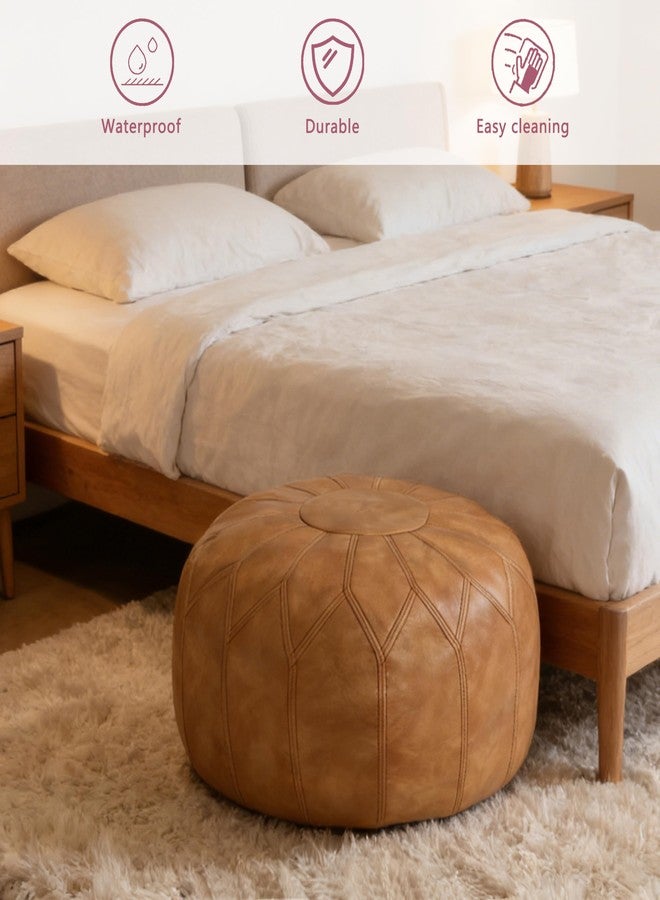 Thgonwid Unstuffed Moroccan Faux Leather Pouf Ottoman with Storage - Handmade Boho Chic Multi-Use Footrest for Living Room, Bedroom, Patio - Round Ethnic Floor Cushion & Decorative Accent, Khaki - Image 3