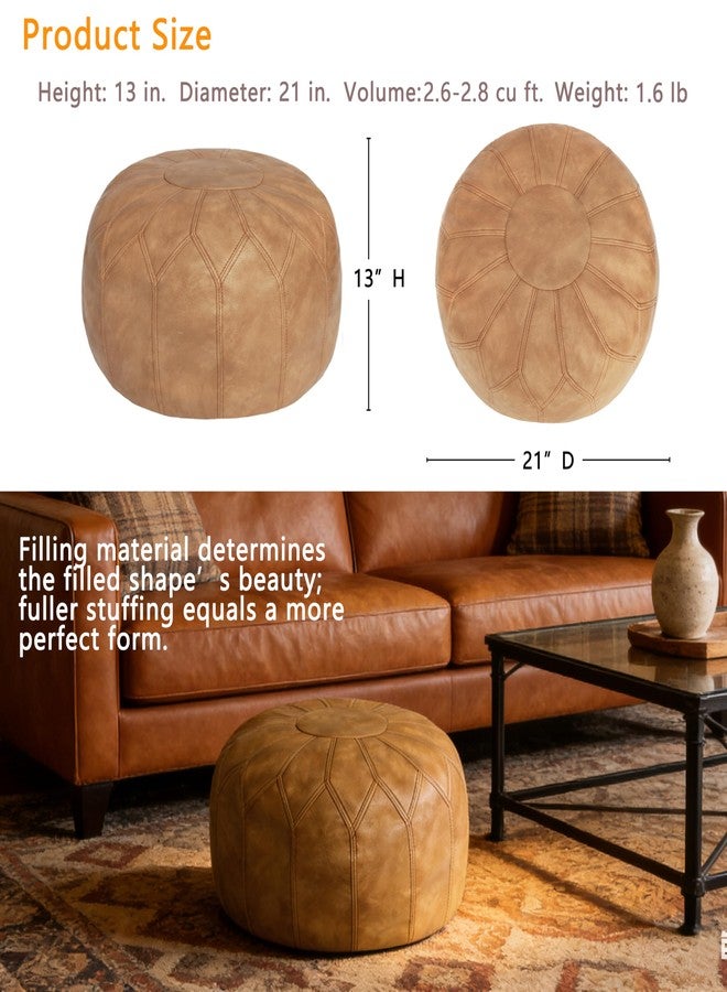 Thgonwid Unstuffed Moroccan Faux Leather Pouf Ottoman with Storage - Handmade Boho Chic Multi-Use Footrest for Living Room, Bedroom, Patio - Round Ethnic Floor Cushion & Decorative Accent, Khaki - Image 2