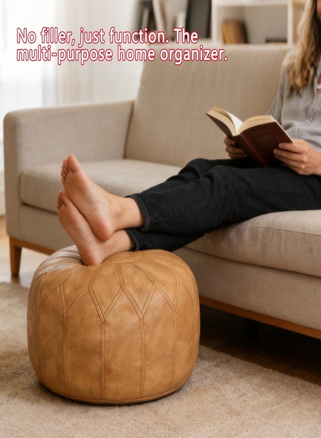 Thgonwid Unstuffed Moroccan Faux Leather Pouf Ottoman with Storage - Handmade Boho Chic Multi-Use Footrest for Living Room, Bedroom, Patio - Round Ethnic Floor Cushion & Decorative Accent, Khaki - Image 5