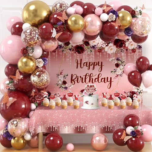 Golray 167Pcs Happy Birthday Decorations for Women with Butterfly Sticker Cupcake Toppers Burgundy Balloon Arch Kit Maroon Rose Gold Balloons Backdrop Tablecloth Floral Burgundy Birthday Party Supplies - Image 1