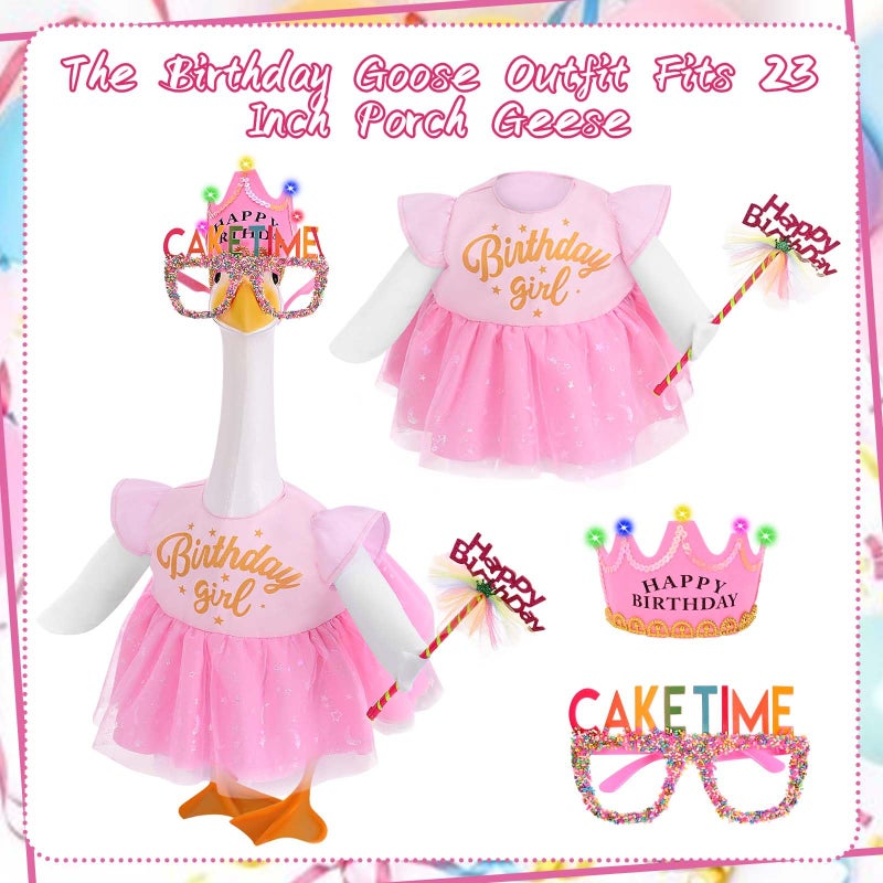 JcHrmers Happy Birthday Porch Goose Outfit Birthday Girl Goose Dress Tulle for 23" Cement Goose Pink Birthday Princess Goose Clothes with LED Crown Porch Lawn Garden Christmas Holiday Decor - Image 2