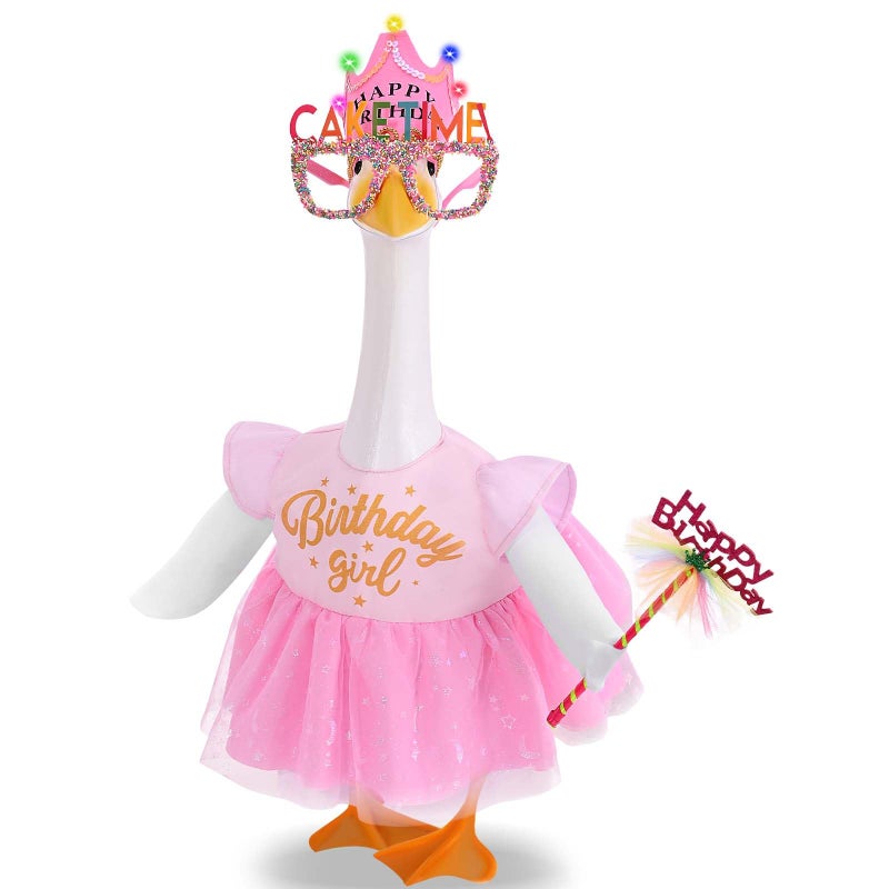 JcHrmers Happy Birthday Porch Goose Outfit Birthday Girl Goose Dress Tulle for 23" Cement Goose Pink Birthday Princess Goose Clothes with LED Crown Porch Lawn Garden Christmas Holiday Decor - Image 1