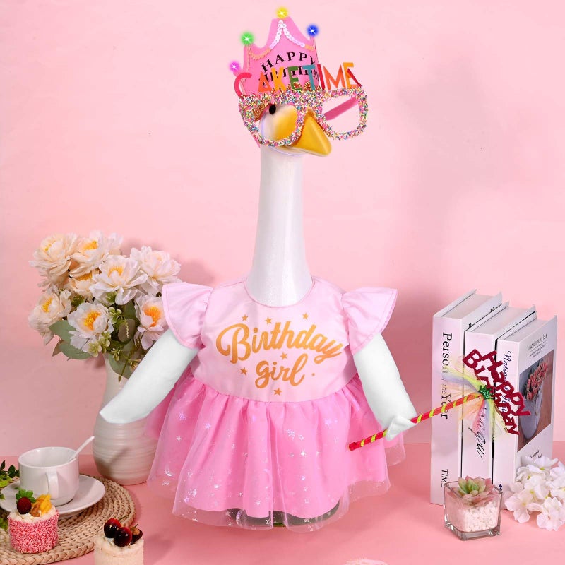 JcHrmers Happy Birthday Porch Goose Outfit Birthday Girl Goose Dress Tulle for 23" Cement Goose Pink Birthday Princess Goose Clothes with LED Crown Porch Lawn Garden Christmas Holiday Decor - Image 5