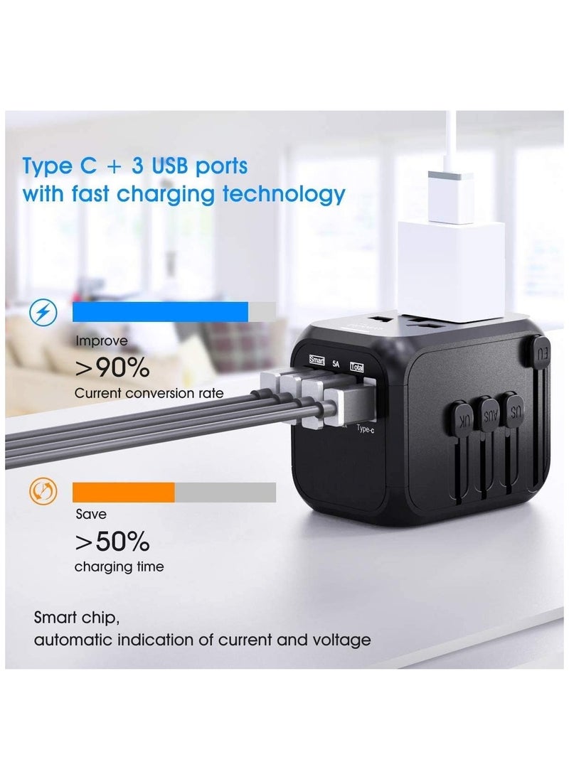 ELTRAZONE - Universal Travel Adapter Plug with 3 USB & 1 Type-C Port,Fast Wall Plug Adapter Socket with UK/EU/AU/US Plugs,Multiport Charger Plug Converter - Image 1