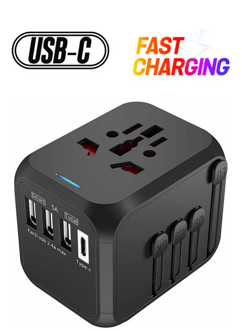 Universal Travel Adapter Plug with 3 USB & 1 Type-C Port,Fast Wall Plug Adapter Socket with UK/EU/AU/US Plugs,Multiport Charger Plug Converter