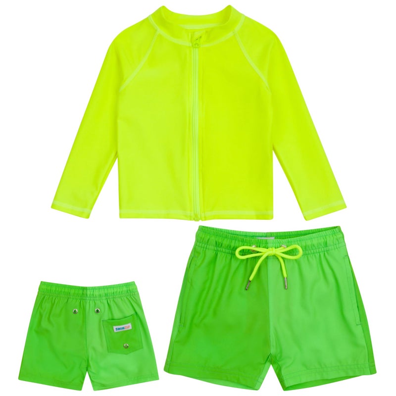 SwimZip Boys' Long Sleeve Rash Guard & Swim Shorts Set - UPF 50+ Sun Protection Neon Green - Image 1
