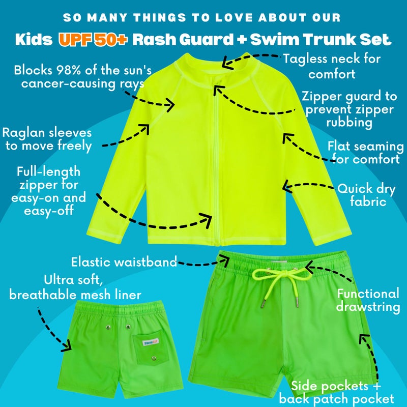 SwimZip Boys' Long Sleeve Rash Guard & Swim Shorts Set - UPF 50+ Sun Protection Neon Green - Image 3