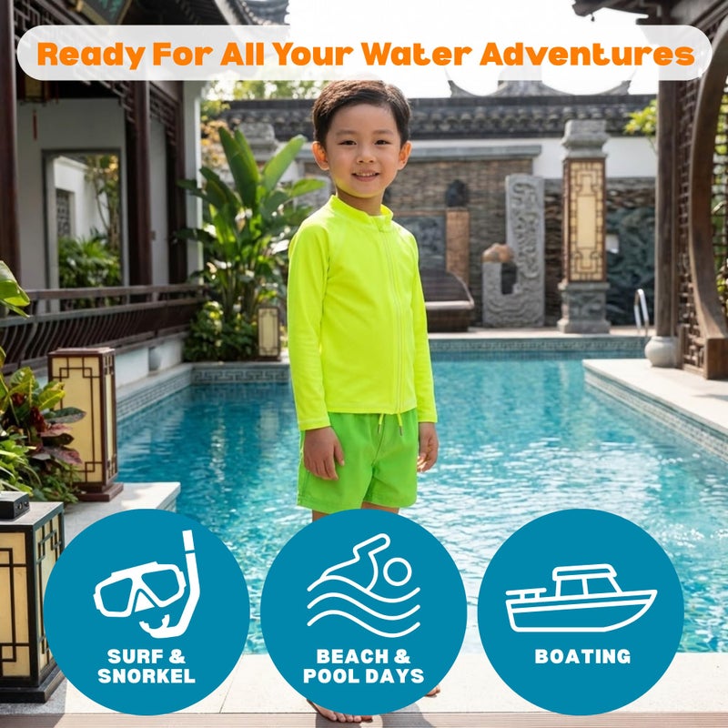SwimZip Boys' Long Sleeve Rash Guard & Swim Shorts Set - UPF 50+ Sun Protection Neon Green - Image 5