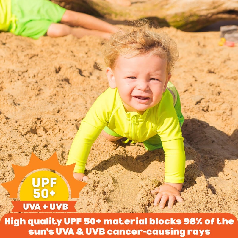 SwimZip Boys' Long Sleeve Rash Guard & Swim Shorts Set - UPF 50+ Sun Protection Neon Green - Image 4
