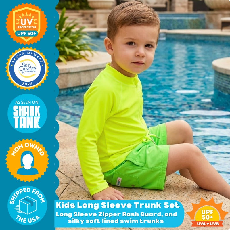 SwimZip Boys' Long Sleeve Rash Guard & Swim Shorts Set - UPF 50+ Sun Protection Neon Green - Image 2