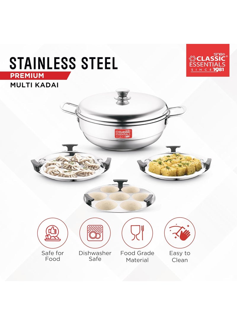 Classic Essentials Classic Essentials Stainless Steel Multi Kadai Set with Lid 4 Plates 2 IdliIdly 1 Dhokla 1 Steam Plate Induction and Gas Stove Friendly Multipurpose Kadai Set  - Image 4