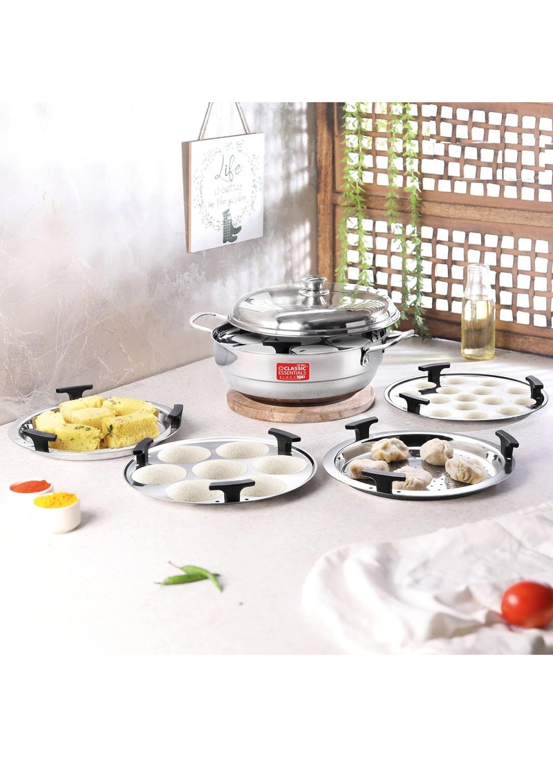 Classic Essentials Classic Essentials Stainless Steel Multi Kadai Set with Lid 4 Plates 2 IdliIdly 1 Dhokla 1 Steam Plate Induction and Gas Stove Friendly Multipurpose Kadai Set  - Image 1