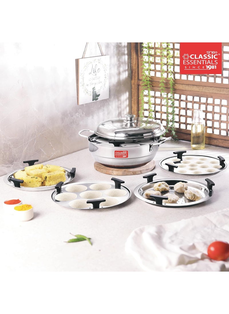Classic Essentials Classic Essentials Stainless Steel Multi Kadai Set with Lid 4 Plates 2 IdliIdly 1 Dhokla 1 Steam Plate Induction and Gas Stove Friendly Multipurpose Kadai Set  - Image 2