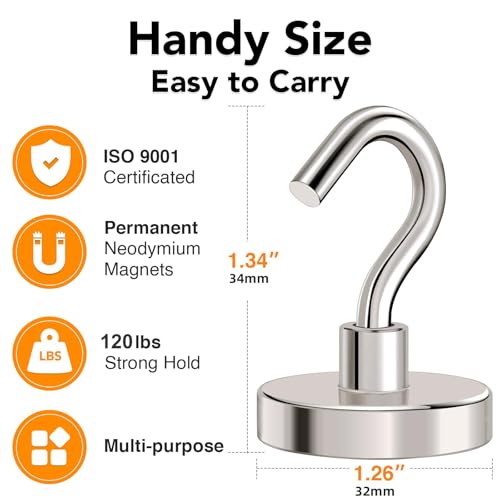 MIKEDE Magnetic Hooks Heavy Duty,120LB+ Strong Magnet with Hook, Super Neodymium Cruise Hooks, Locker Organizer Industrial Hooks for Hanging, Magnetic Hanger for Cruise, Grill - 8 Pack - Image 4
