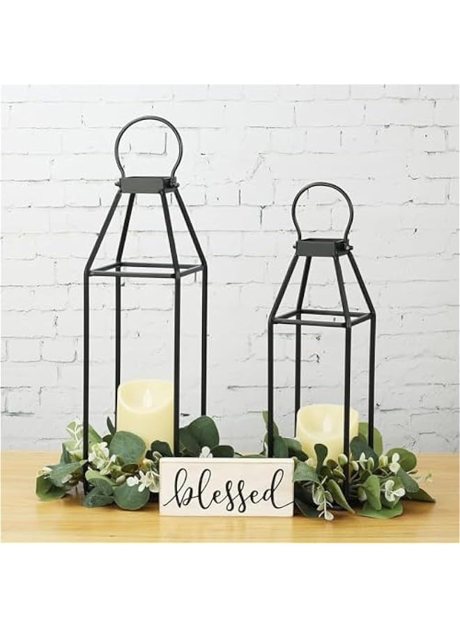 Beauenty 2PCS Black Metal Lantern,Modern Farmhouse Lantern Decorations for Outdoor,Front Porch, Indoor, Patio, Garden, Fireplace, Home Candlestick Tabletop Ornament,Flickering Flameless Candle - Image 1
