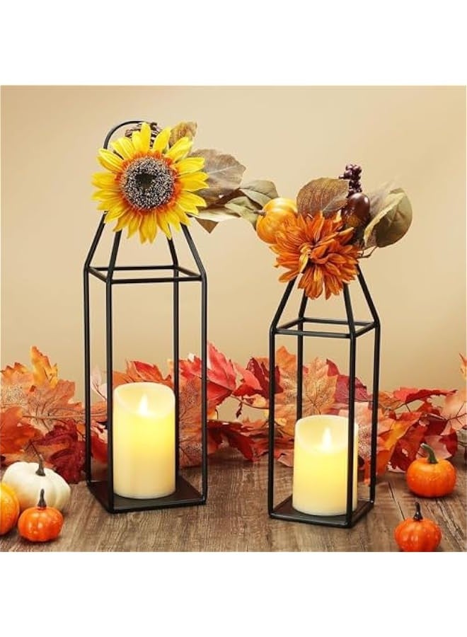 Beauenty 2PCS Black Metal Lantern,Modern Farmhouse Lantern Decorations for Outdoor,Front Porch, Indoor, Patio, Garden, Fireplace, Home Candlestick Tabletop Ornament,Flickering Flameless Candle - Image 2