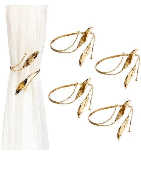 Curtain Tie Backs, 4 Pieces Leaf Shape Curtain Holdbacks Adjustable Decorative Alloy Curtain Straps Curtain Clip Buckle, No Punching Curtain Ties for Home, Office, Hotel Window (Golden)