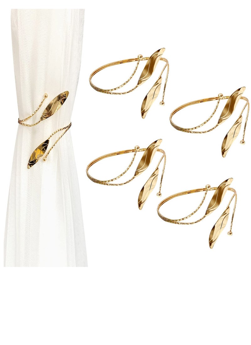Curtain Tie Backs, 4 Pieces Leaf Shape Curtain Holdbacks Adjustable Decorative Alloy Curtain Straps Curtain Clip Buckle, No Punching Curtain Ties for Home, Office, Hotel Window (Golden)