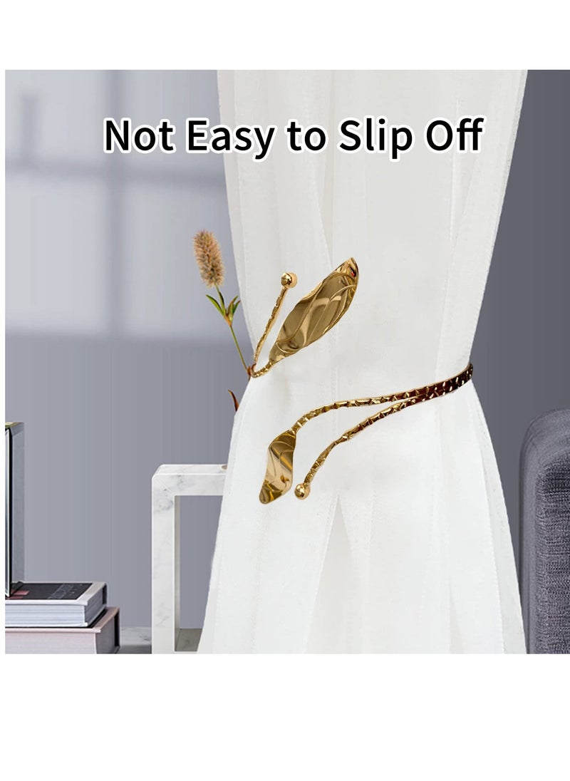 Curtain Tie Backs, 4 Pieces Leaf Shape Curtain Holdbacks Adjustable Decorative Alloy Curtain Straps Curtain Clip Buckle, No Punching Curtain Ties for Home, Office, Hotel Window (Golden)
