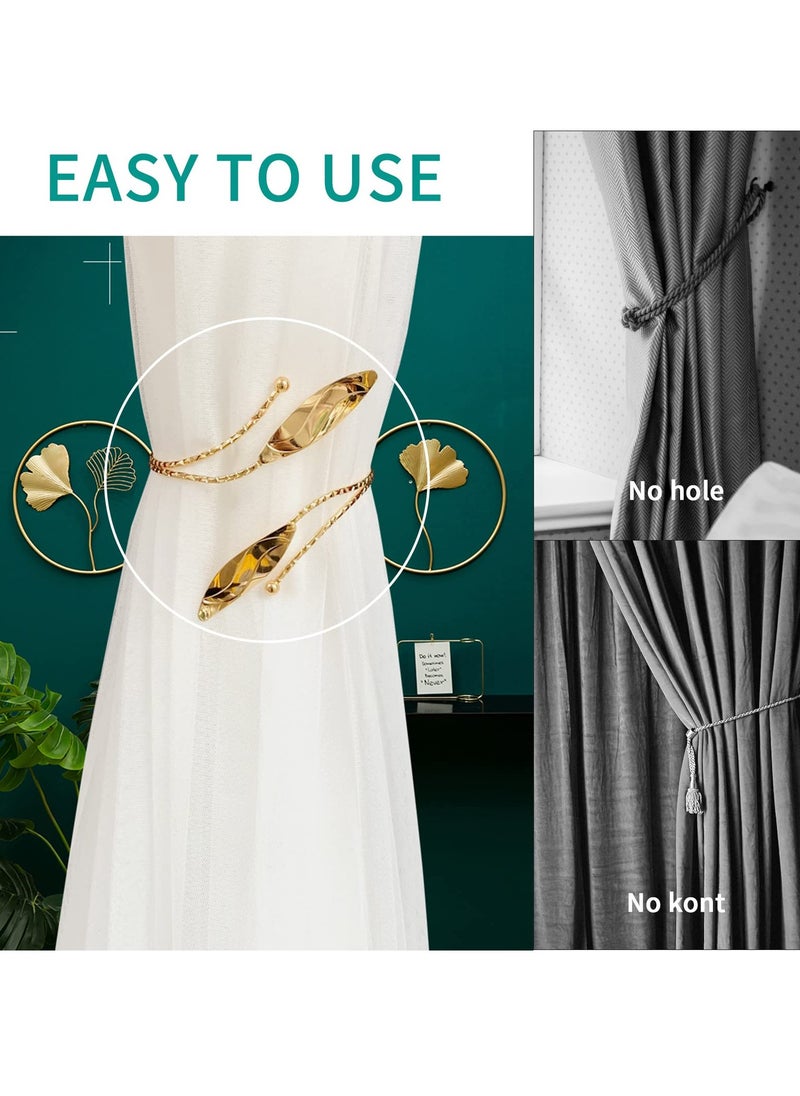 Curtain Tie Backs, 4 Pieces Leaf Shape Curtain Holdbacks Adjustable Decorative Alloy Curtain Straps Curtain Clip Buckle, No Punching Curtain Ties for Home, Office, Hotel Window (Golden)