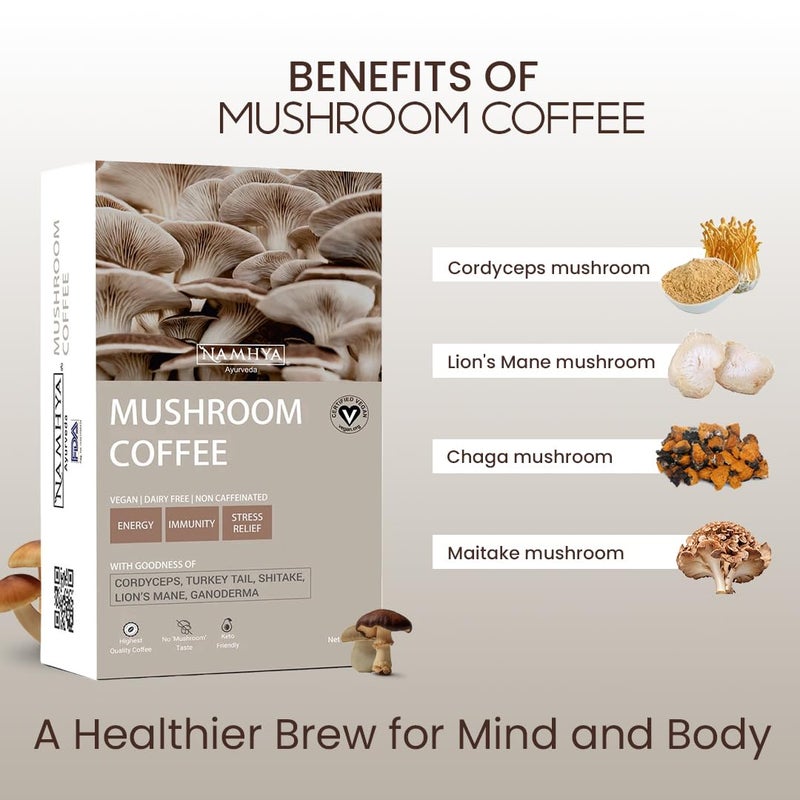NAMHYA نامحيا - مسحوق قهوة الفطر - 100 جرام (40 كوب) - يعزز الطاقة والتركيز والمناعة، يقلل من التوتر - كورديسيبس، ذيل الديك الرومي، شيتاكي، ليو نمان، غانودرما - طبيعي، بدون مواد حافظة - فاتا، بيتا - Image 2
